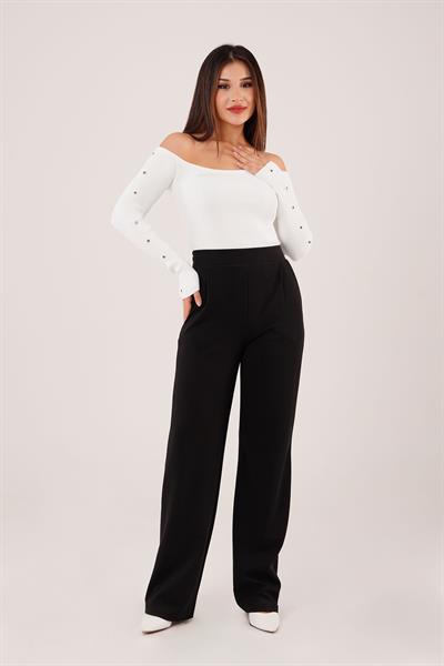 Fitilli Kuş Gözü Detay Beyaz Triko Bluz