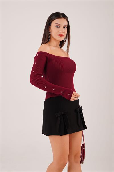 Fitilli Kuş Gözü Detay Bordo Triko Bluz