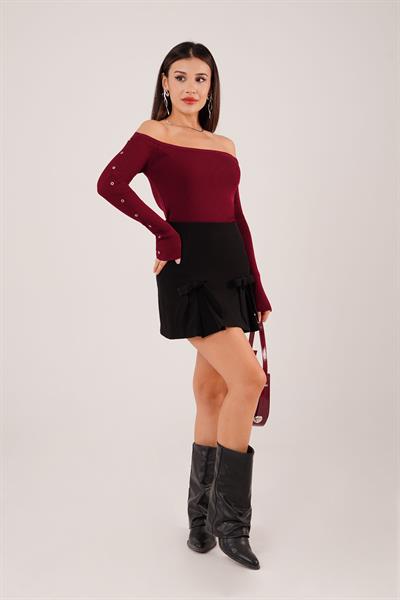 Fitilli Kuş Gözü Detay Bordo Triko Bluz