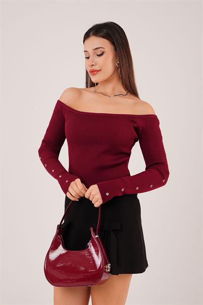 Fitilli Kuş Gözü Detay Bordo Triko Bluz