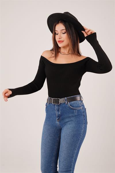 Fitilli Kuş Gözü Detay Siyah Triko Bluz