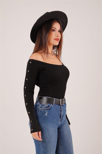 Fitilli Kuş Gözü Detay Siyah Triko Bluz