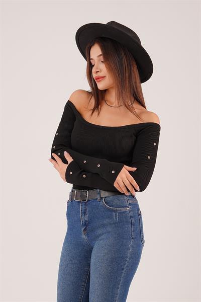 Fitilli Kuş Gözü Detay Siyah Triko Bluz