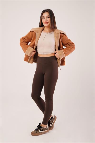 Fitilli Yüksek Bel Örme Kahve Tayt