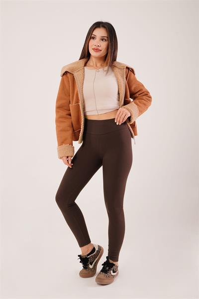 Fitilli Yüksek Bel Örme Kahve Tayt