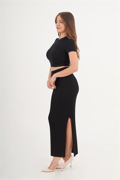 Fitilli Yüksek Bel Yan Yırtmaçlı Siyah Triko Etek