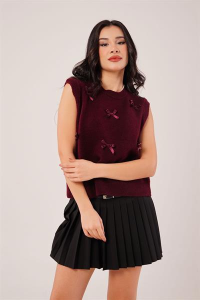 Fiyonklu Bordo Triko Süveter