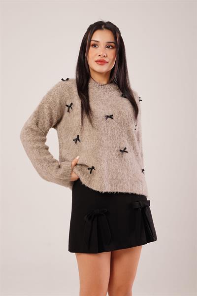 Fiyonklu Buklet Sütlü Kahve Triko Kazak