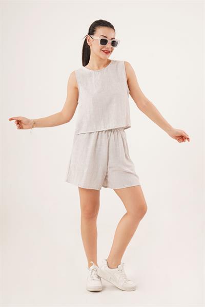 Arkası Düğme Detaylı Bluz ve Cepli Şort Gri İkili Takım	