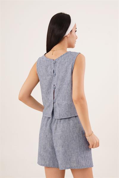 Arkası Düğme Detaylı Bluz ve Cepli Şort İndigo İkili Takım	