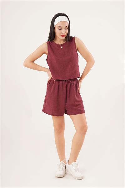 Arkası Düğme Detaylı Bluz ve Cepli Şort Bordo İkili Takım