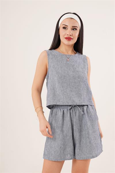 Arkası Düğme Detaylı Bluz ve Cepli Şort İndigo İkili Takım	