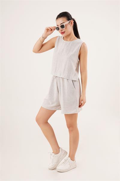 Arkası Düğme Detaylı Bluz ve Cepli Şort Gri İkili Takım	