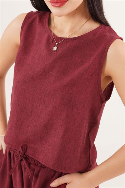 Arkası Düğme Detaylı Bluz ve Cepli Şort Bordo İkili Takım