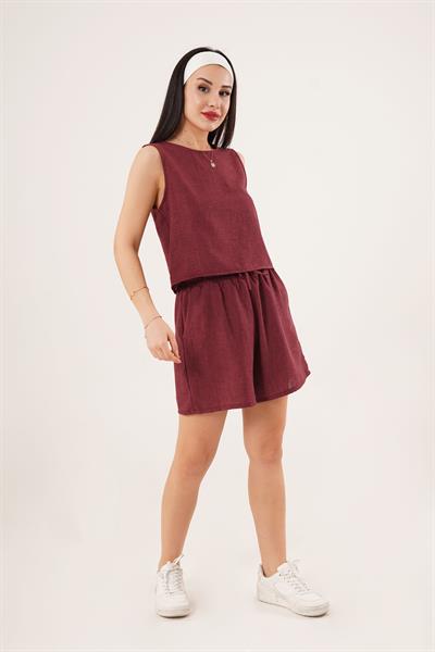 Arkası Düğme Detaylı Bluz ve Cepli Şort Bordo İkili Takım