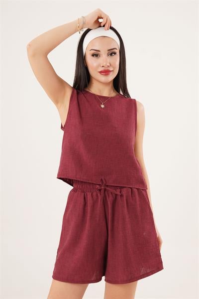 Arkası Düğme Detaylı Bluz ve Cepli Şort Bordo İkili Takım