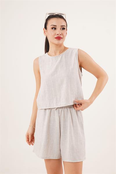 Arkası Düğme Detaylı Bluz ve Cepli Şort Gri İkili Takım	