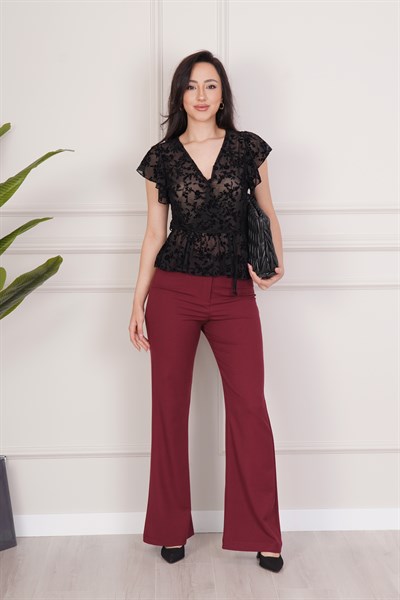 Flok Baskılı Belden Bağlamalı Sıfır Kol Siyah Bluz