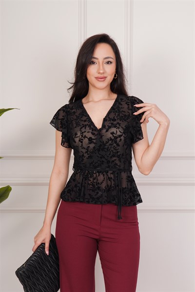 Flok Baskılı Belden Bağlamalı Sıfır Kol Siyah Bluz