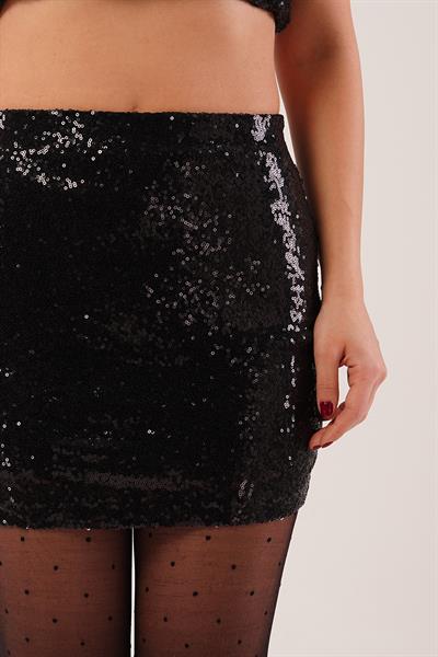 Full Payet İşlemeli Siyah Mini Etek