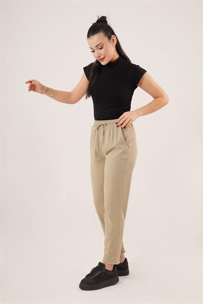 Paça Detaylı Cepli Belden Bağlamalı Haki Pantolon