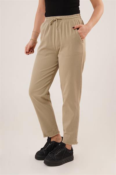 Paça Detaylı Cepli Belden Bağlamalı Haki Pantolon