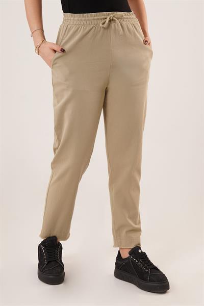 Paça Detaylı Cepli Belden Bağlamalı Haki Pantolon