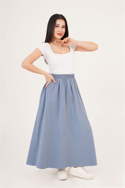 Bel Lastikli Cepli Gabardin İndigo Etek