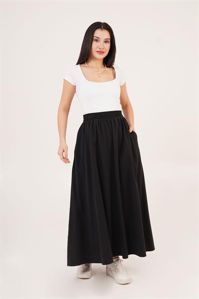 Bel Lastikli Cepli Gabardin Siyah  Etek