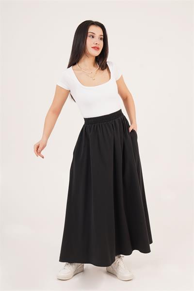 Bel Lastikli Cepli Gabardin Siyah  Etek