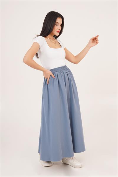 Bel Lastikli Cepli Gabardin İndigo Etek