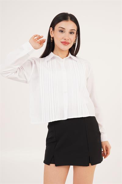 Önü Pilise Geçiş Detaylı Beyaz Gömlek