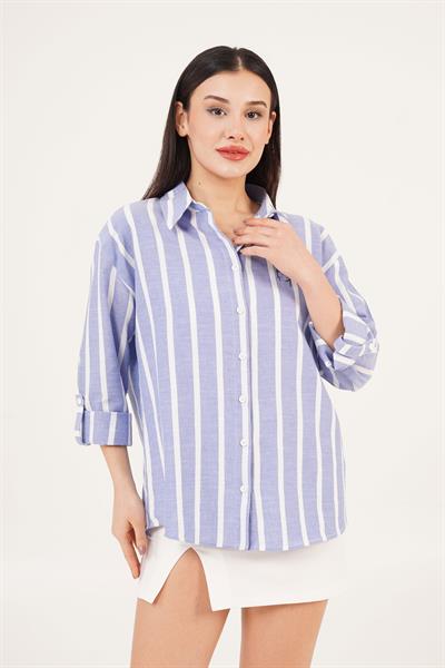 Kalp Nakış Detaylı Geniş Çizgili Mavi Gömlek