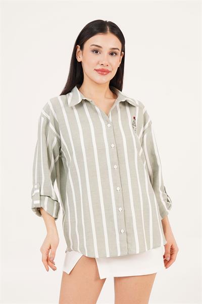 Kalp Nakış Detaylı Geniş Çizgili Yeşil Gömlek	