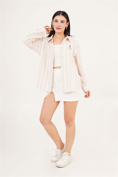 Kalp Nakış Detaylı Geniş Çizgili Bej Gömlek