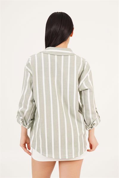 Kalp Nakış Detaylı Geniş Çizgili Yeşil Gömlek	