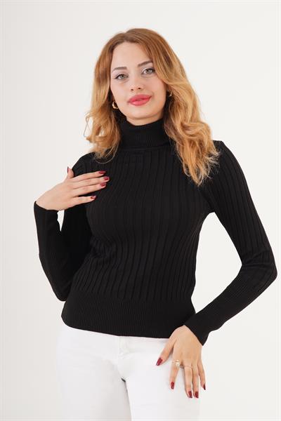 Geniş Fitilli Boğazlı Triko Body Siyah Kazak