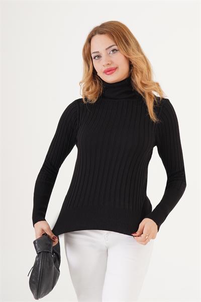 Geniş Fitilli Boğazlı Triko Body Siyah Kazak