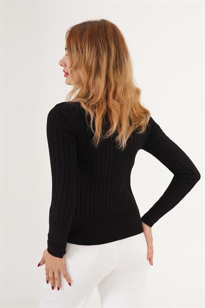Geniş Fitilli Boğazlı Triko Body Siyah Kazak