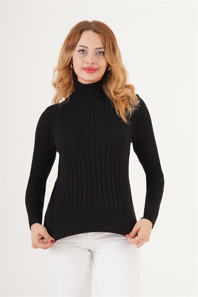 Geniş Fitilli Boğazlı Triko Body Siyah Kazak