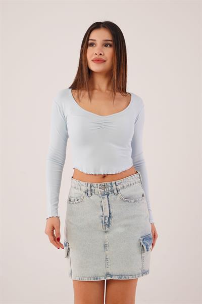 Geniş Yaka Bebe Mavisi Basic Body Bluz