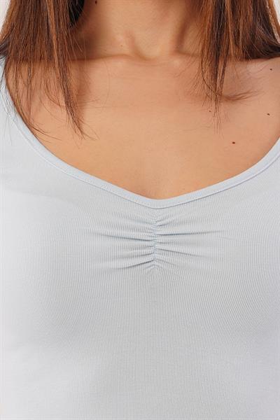 Geniş Yaka Bebe Mavisi Basic Body Bluz