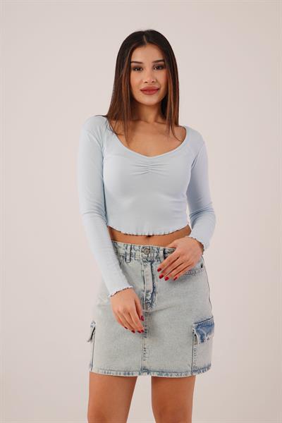 Geniş Yaka Bebe Mavisi Basic Body Bluz