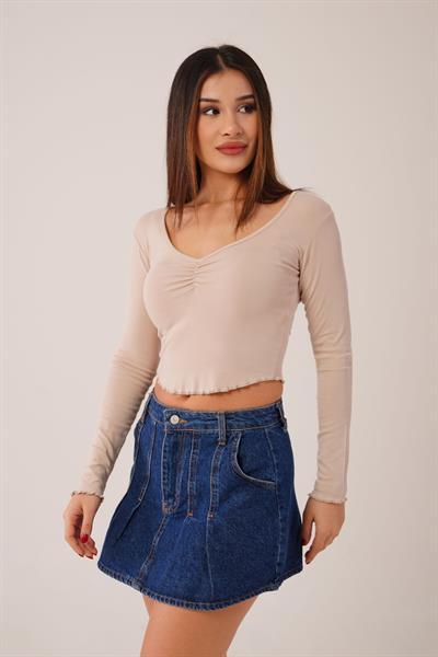 Geniş Yaka Bej Basic Body Bluz