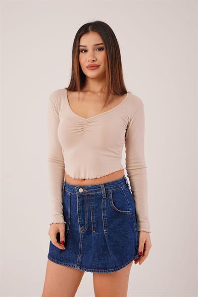 Geniş Yaka Bej Basic Body Bluz