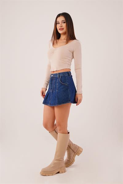 Geniş Yaka Bej Basic Body Bluz