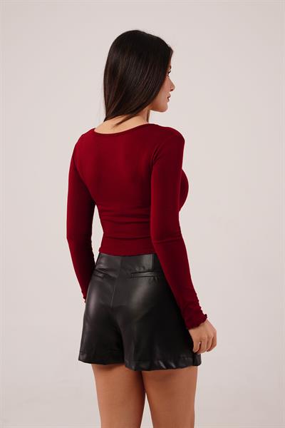 Geniş Yaka Bordo Basic Body Bluz