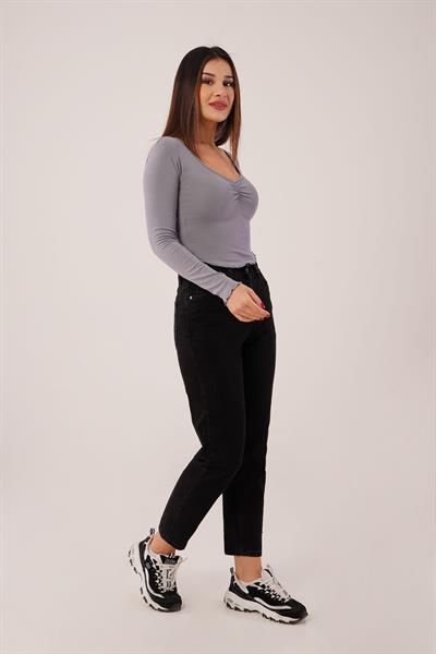 Geniş Yaka Gri Basic Body Bluz