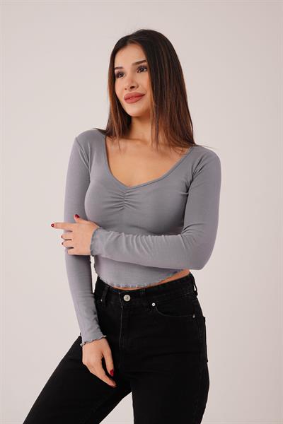 Geniş Yaka Gri Basic Body Bluz