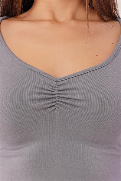 Geniş Yaka Gri Basic Body Bluz